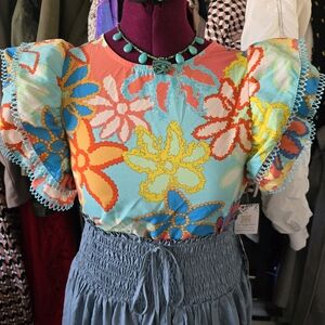 Floral Ruffle Sleeve Top - Multicolor